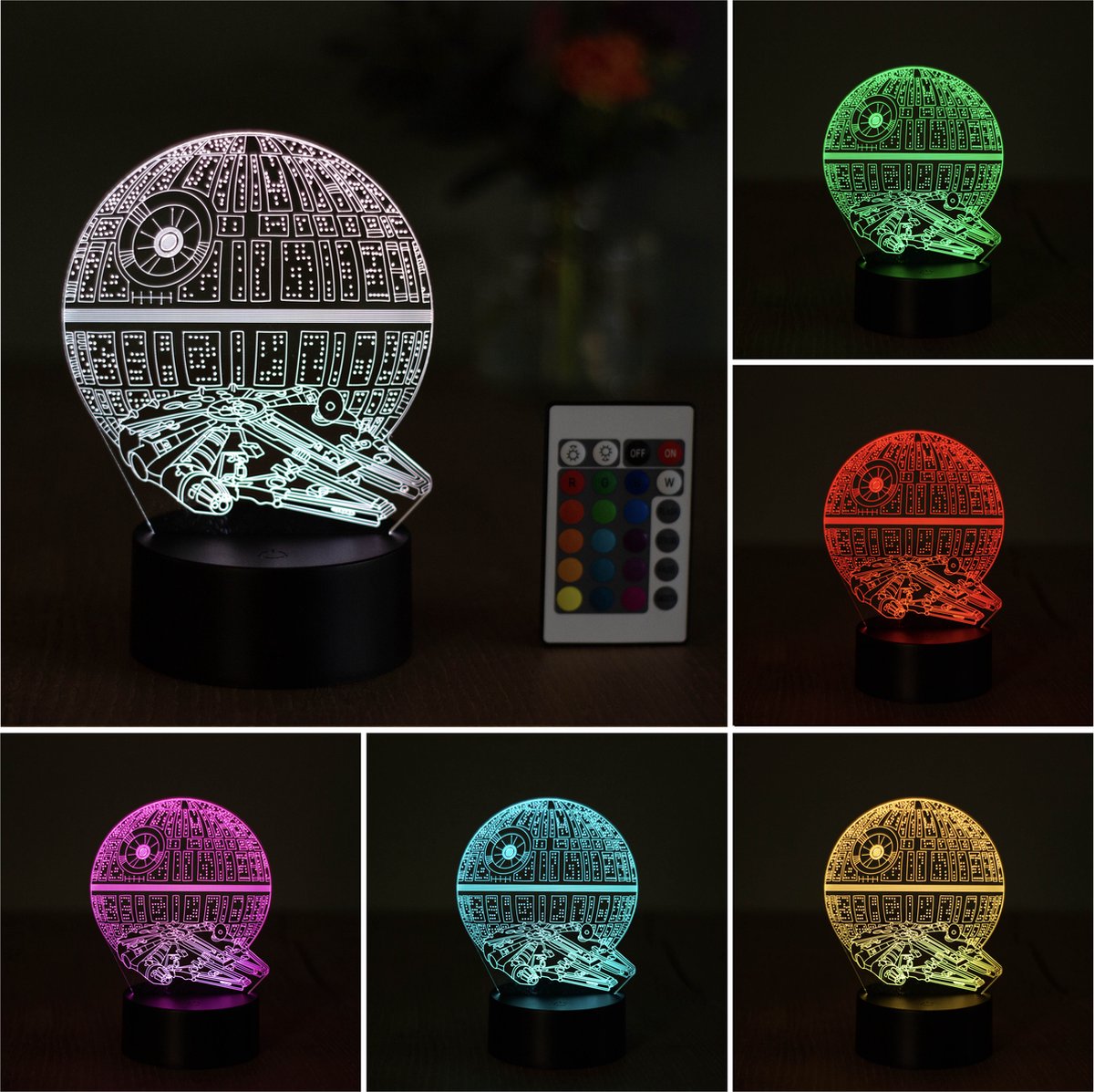 Klarigo®️ Nachtlamp – 3D LED Lamp Illusie – 16 Kleuren – Bureaulamp – Millennium Falcon Lamp – Death Star - Sfeerlamp – Nachtlampje Kinderen – Creative lamp - Afstandsbediening