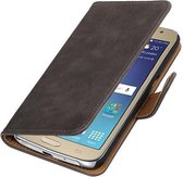 Hout Bookstyle Hoes Geschikt voor de Samsung Galaxy J1 (2016) J120F Grijs