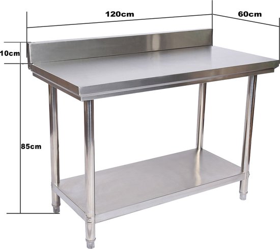 RVS tafel op wielen - PREMIUM - 60 x 120 cm - 158 kg - achterwand
