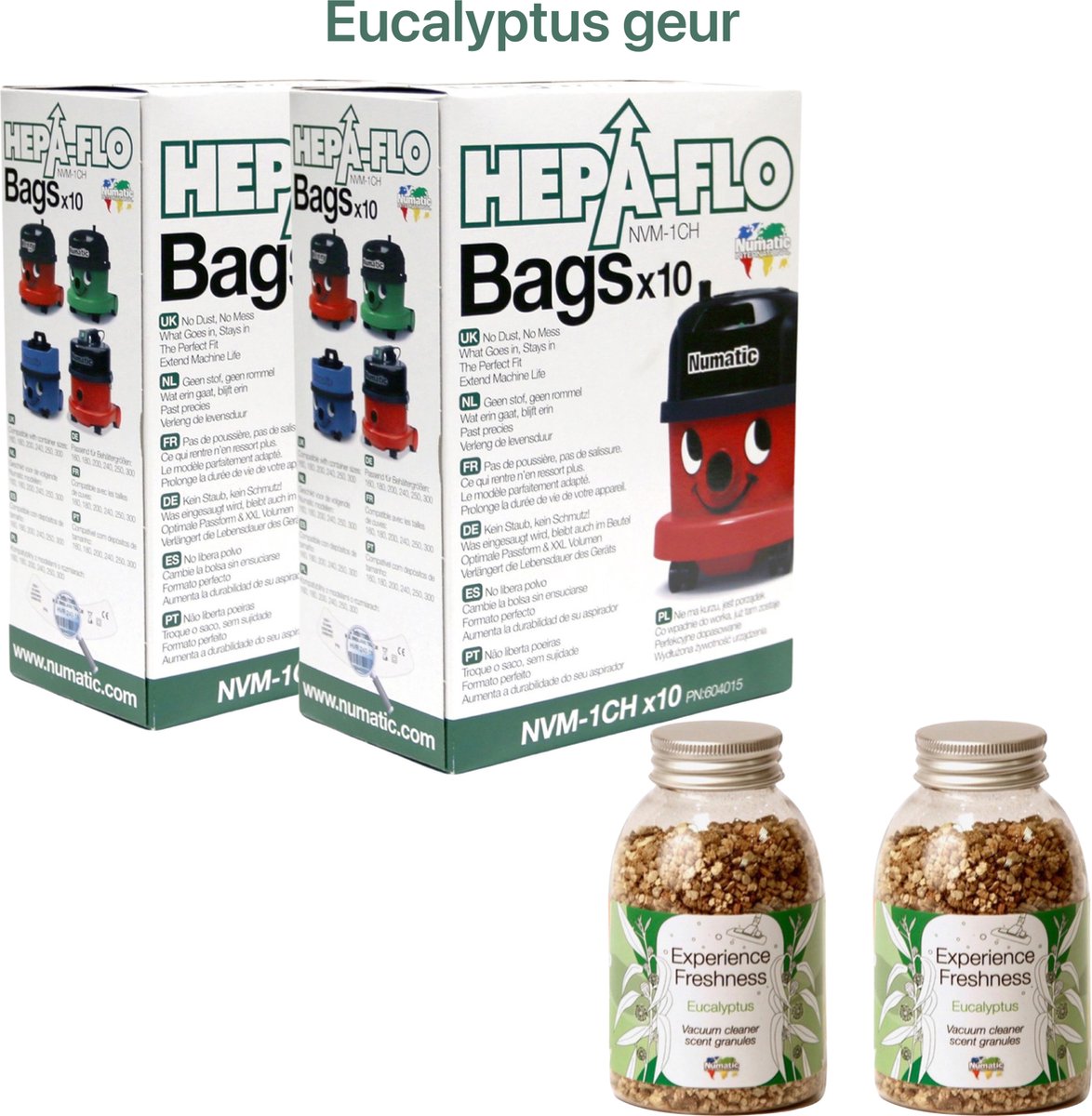 Numatic - 2x Stofzuigerzakken + 2x Geurkorrels (eucalyptus geur) - Hepa flo bags - Voor Henry/Hetty - NVM 1CH X10 - COMBIDEAL