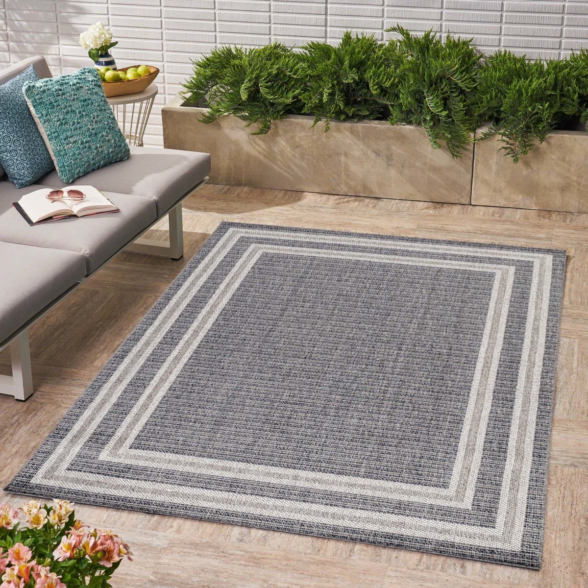 flycarpets Belize Vloerkleed / Buitenkleed - Binnen & Buiten - Grijs - Laagpolig - Kader Motief - 140x200 cm