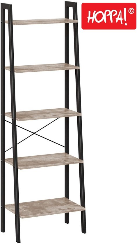 Een lege greige ladderkast met vijf planken en een zwart metalen frame. Linksboven het rode HOPPA! logo.