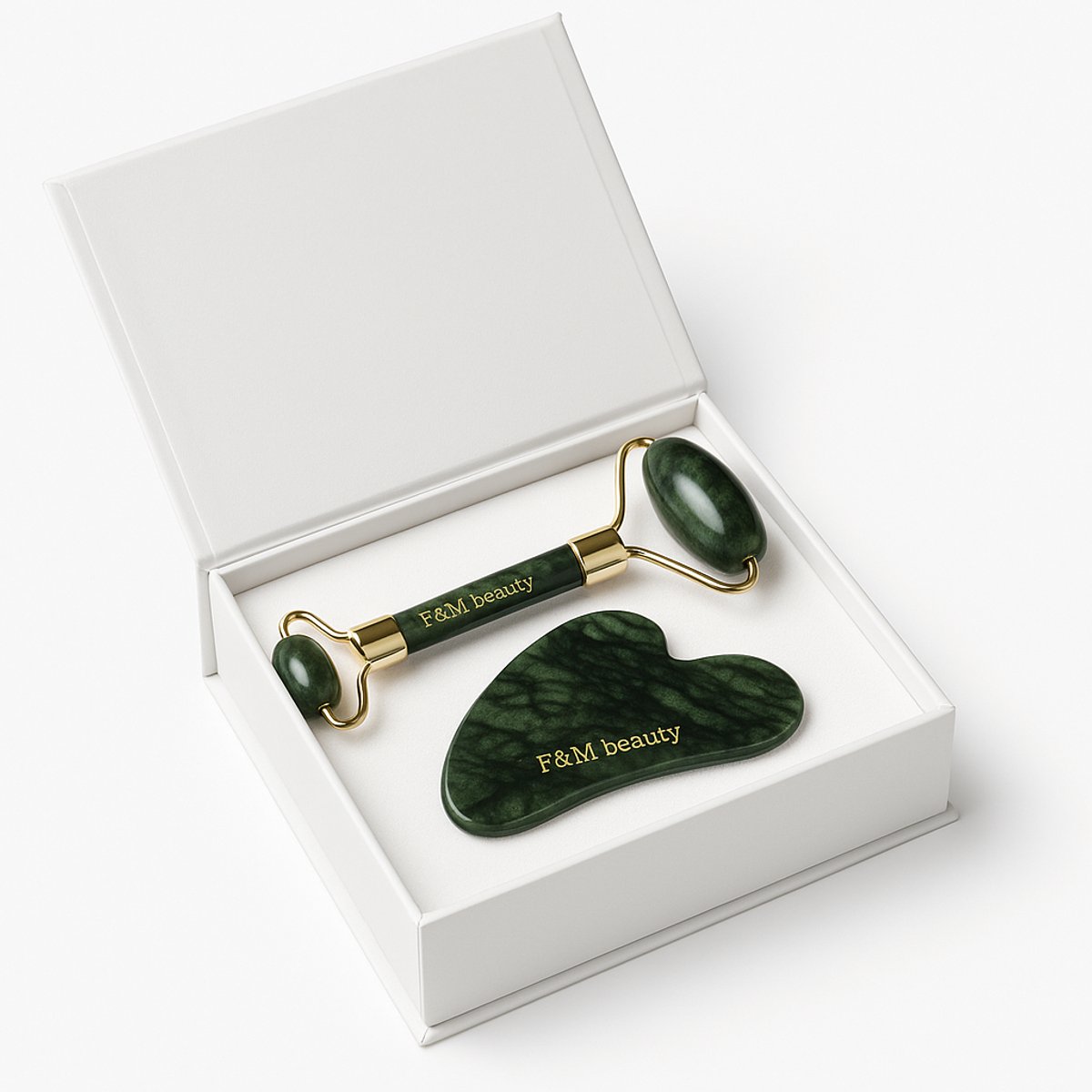 F&M Beauty – Jade Roller & Gua Sha Set – Gezichtsmassage – Huidverzorging – Anti-aging – Natuurlijke Jade – Groen/Goud