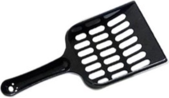 Zwarte kattenbakschep met een geperforeerd schepblad en een handvat met een gat.