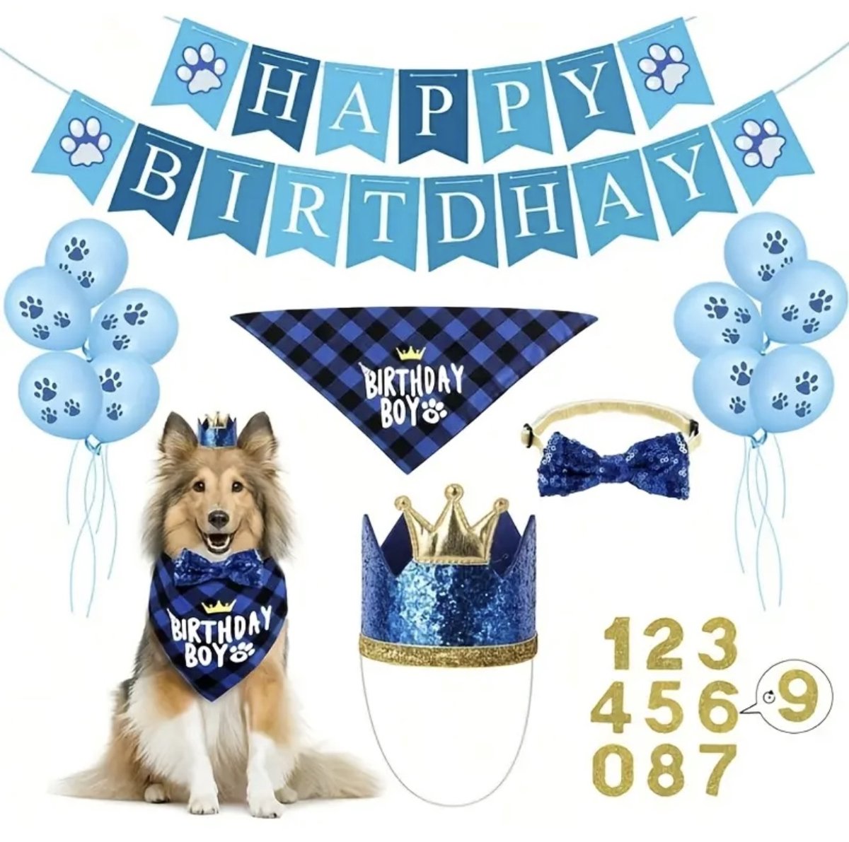 Honden verjaardag set Happy Birthday blauw, wit, zwart en goud - hond - huisdier - verjaardag - slinger - ballon - bandana - hoed