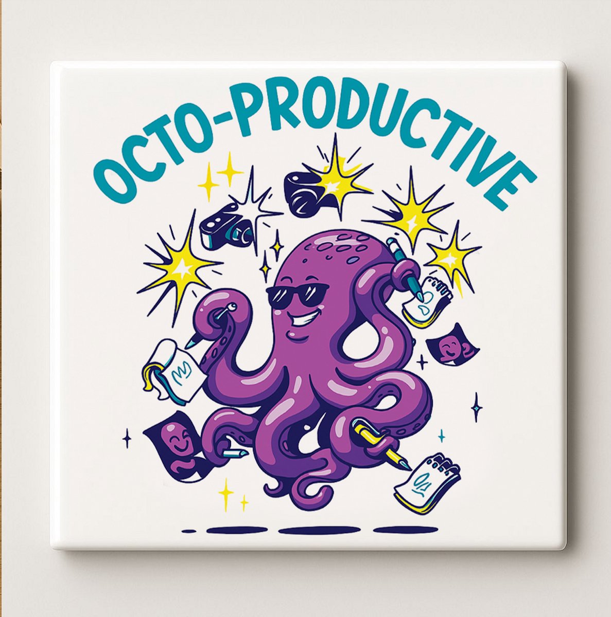 Nevolis Octo-Productive Tegel – 15x15cm Keramische Wanddecoratie – Grappig Octopus Productiviteit Ontwerp voor Kantoor, Huis of Cadeau Multi Color
