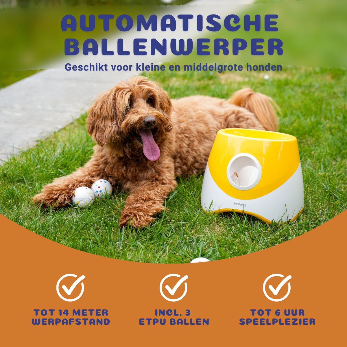 Pet Perfect Automatische Ballenwerper M - Hondenspeelgoed - Oplaadbaar - Incl. 3 ETPU ballen - 3 Werpafstanden - Geel thumbnail 2