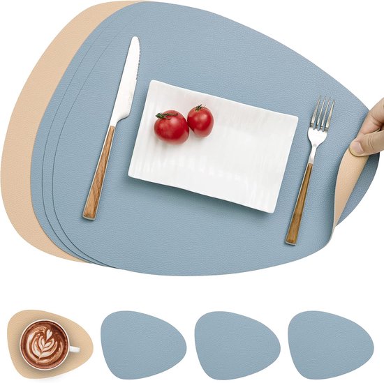 Famanu - Sets de table et dessous de verre en cuir, sets de table imperméables double face Cuisine, Tapis de café, sets de Napperons et Sous-verres antidérapants et lavables (Set de 4, jaune/ Blauw)