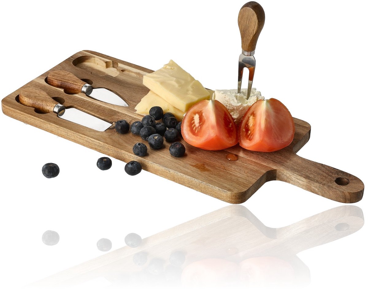 Kaasplankje met Messen – Bamboe Kaasplank met 3 Kaasmessen – Serveerset Houten Plank 42x15,5x1,5 cm voor Kaas, Borrel & Tapas