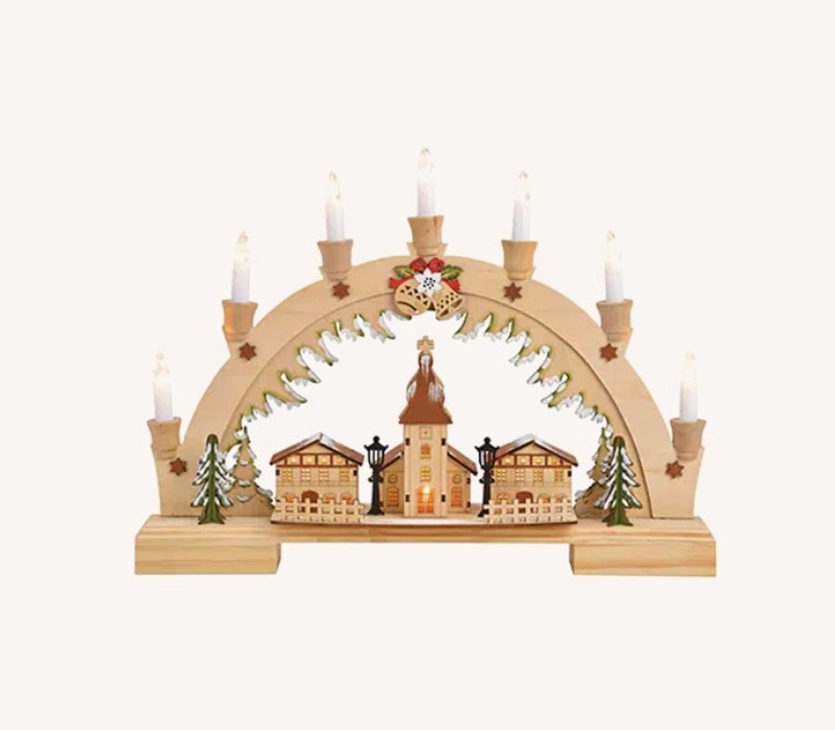 Houtsnijwerk kerst lichtboog -kersttrap- voor raam met 7 led kaarsen huizen en kerk