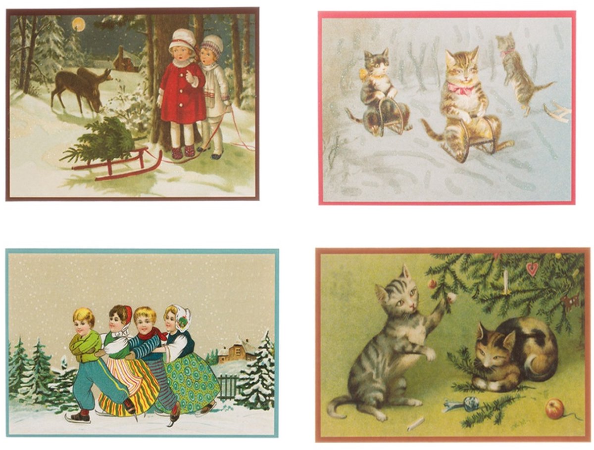 Nostalgische kerstkaarten - 4 stuks - Franz_Josef - Klassieke Vintage afbeeldingen - Winter - Sneeuw - Feestelijk - Jaarwisseling - Oude Brocante kerstkaarten 15X10,5 en 14X9