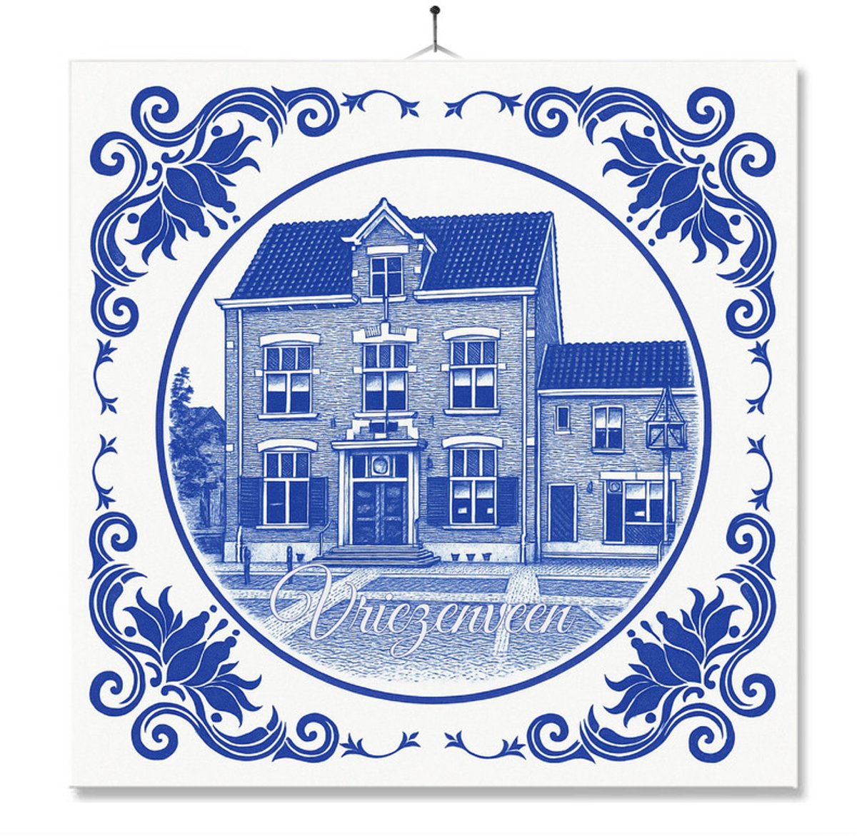 Tegel Met Opdruk | Vriezenveen | Delft Blauw | Cadeau | Inclusief Geschenkdoos | Standaard | Ophangsysteem