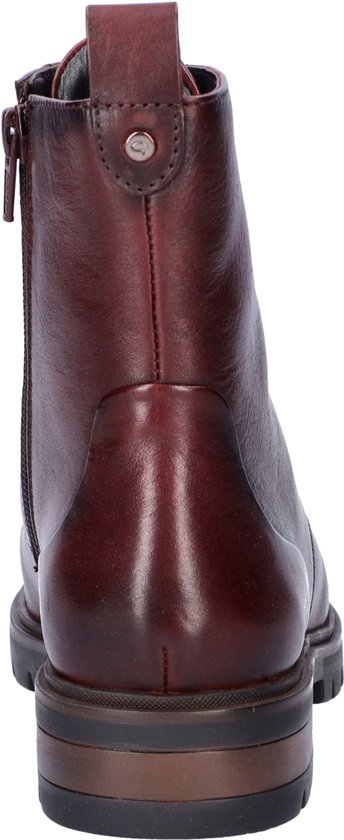 Donkerrode leren veterboot met rits en grove zool, van achteren gezien.