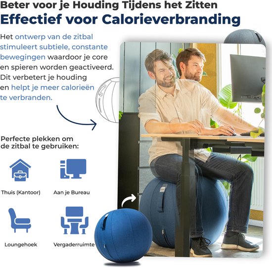 Backerz Zitbal 75 CM - Zitballen met Hoes Linnen - Ergonomische Bureaustoel Kantoor en Thuis - Luxe Yoga Bal - Donker Blauw