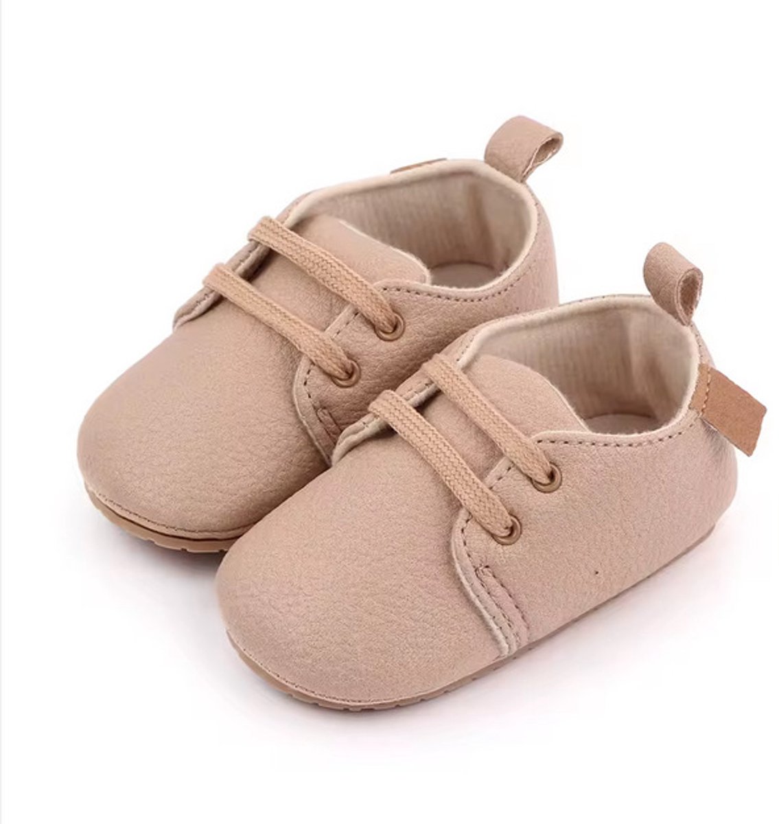 Babyschoentjes 4-9 maanden - baby schoenen maat 16/18 - 12 cm - Antislip rubber zool - meisjes jongens schoentjes - Effen Beige - Veterschoenen