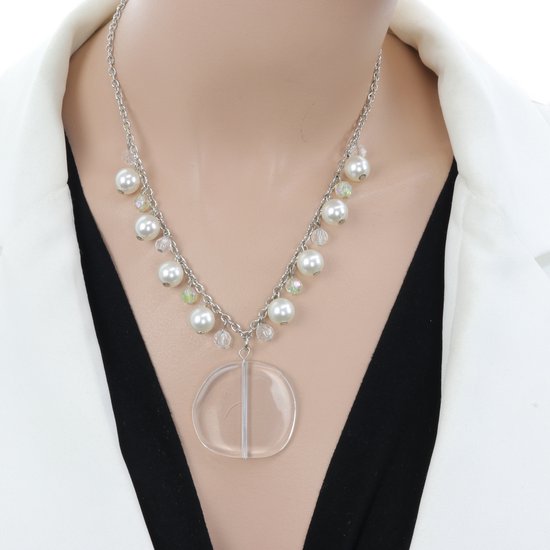Collier Behave argenté avec perles, perles et pendentif rond transparent