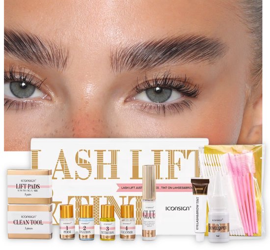 Iconsign Lash Lift & Tint kit met alle benodigdheden, waaronder liftpads, lijm, wimperverf en cleanser.