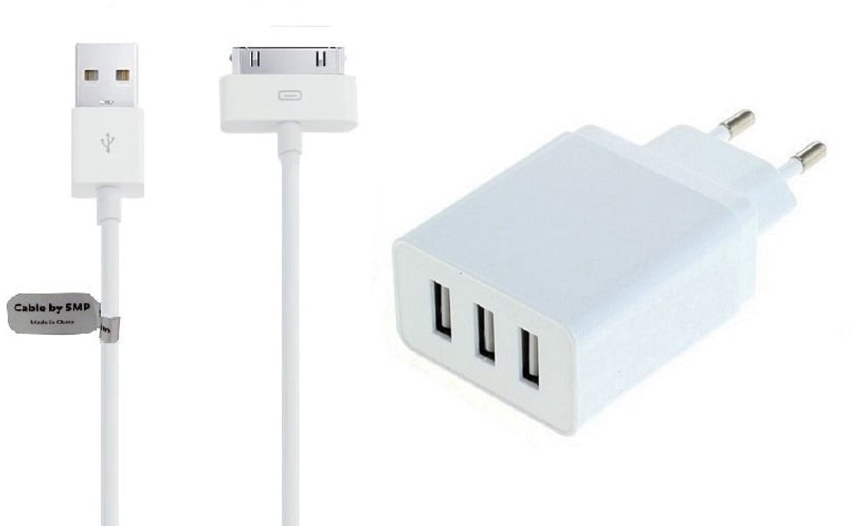 OneOne 3A lader met 3 poorten + 3,0m USB kabel. Universele oplader adapter past op Apple iPhone 3G, 3Gs, iPhone 4, 4s, iPad 1, iPad 2, iPad 3, iPod Classic, iPod Mini, iPod Nano 1, 2, 3, 4, 5, 6, iPod Touch 1, 2, 3, 4