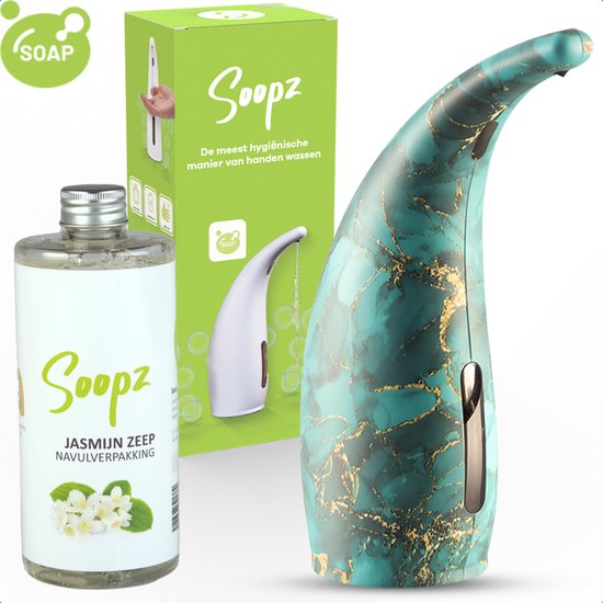 Soopz zeepdispenser in jade marmerprint, met bijbehorende fles jasmijn zeep.