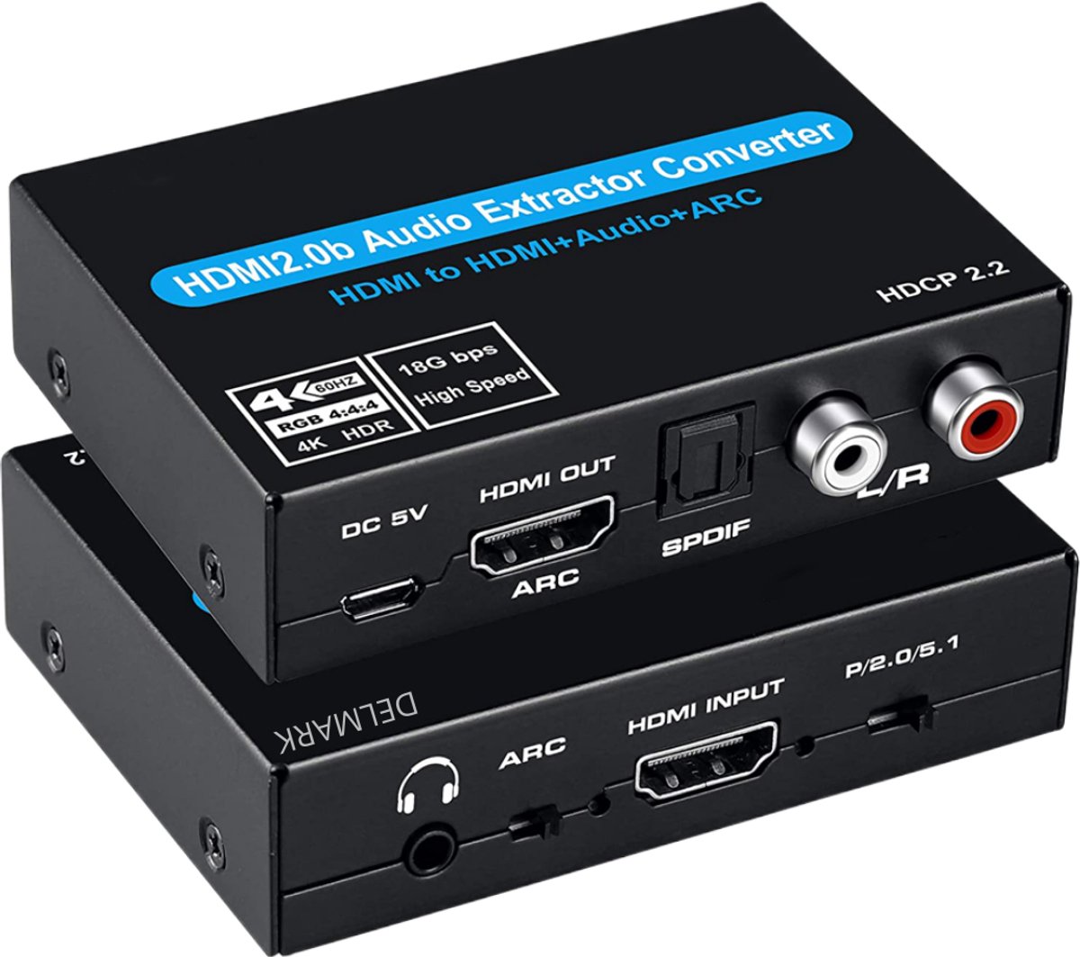 Delmark HDMI 2.0 Audio & ARC Extractor - HDMI naar RCA, SPDIF en 3.5mm AUX - 4K@60Hz, Dolby Atmos & HDR10
