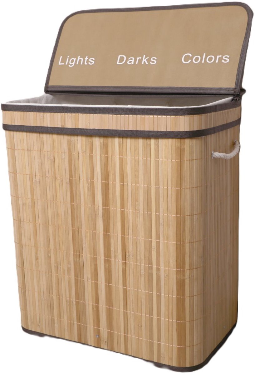 Ceruzo Wasmand 3 Vakken – Bamboe Wassorteerder 100L – Wasbare Binnenzak – H60 cm – Naturel