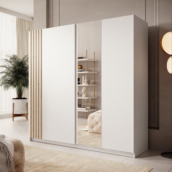 Meubella - Armoire Boets - Wit - Chêne - 200 cm - Avec miroir