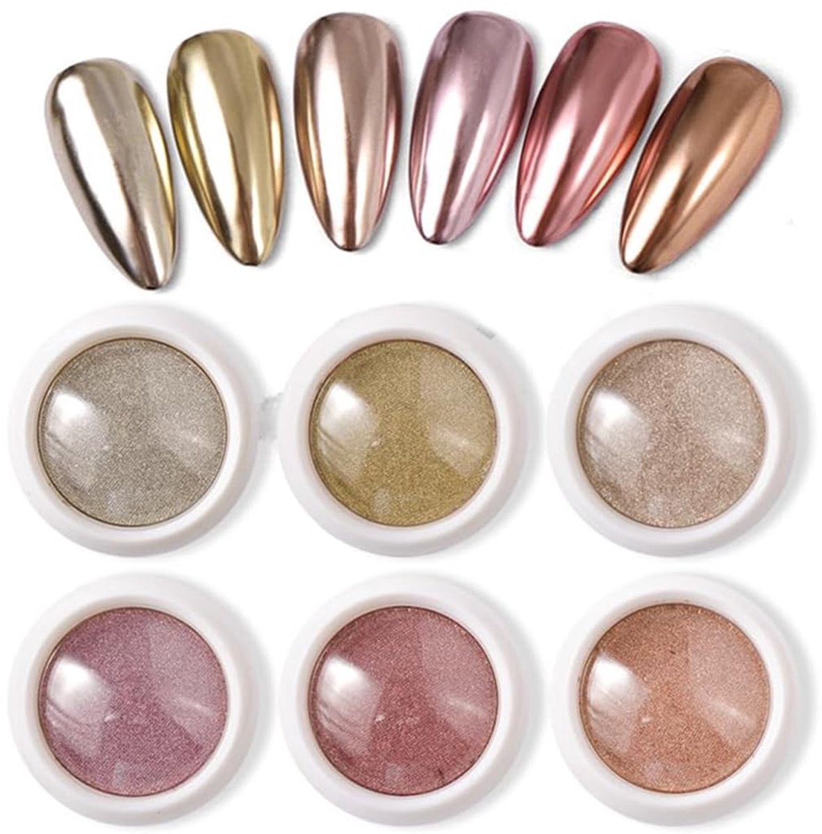 Chroom Nagelpoeder 6 Stuks - Gouden/Roze Kleur met Spiegeleffect en Microparels