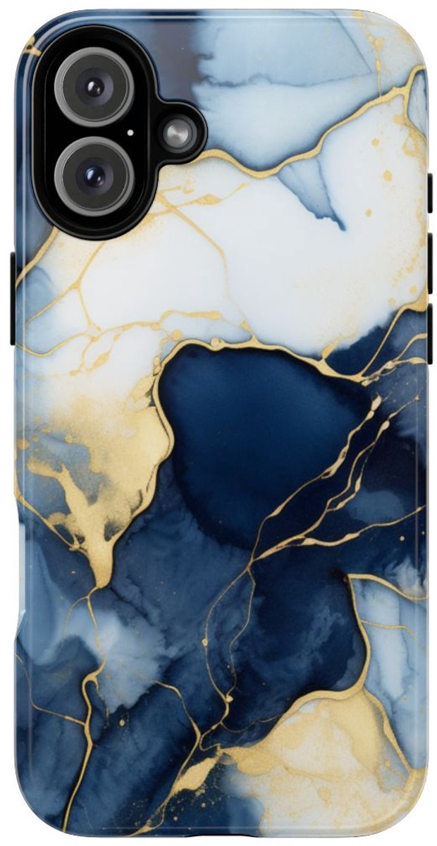 Diepblauw en Goud Abstract Inktpatroon – Telefoonhoesje Geschikt voor iPhone 16 Plus