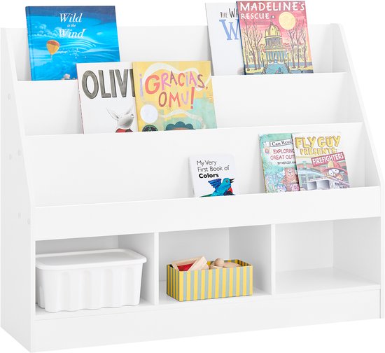 Bibliothèque pour enfants SoBuy Montessori KMB118-W, étagère pour enfants avec 3 compartiments de rangement et étagère à speelgoed , chambre d'enfants, étagère à livres et étagère à jouets, blanche, 100 x 80 x 30 cm