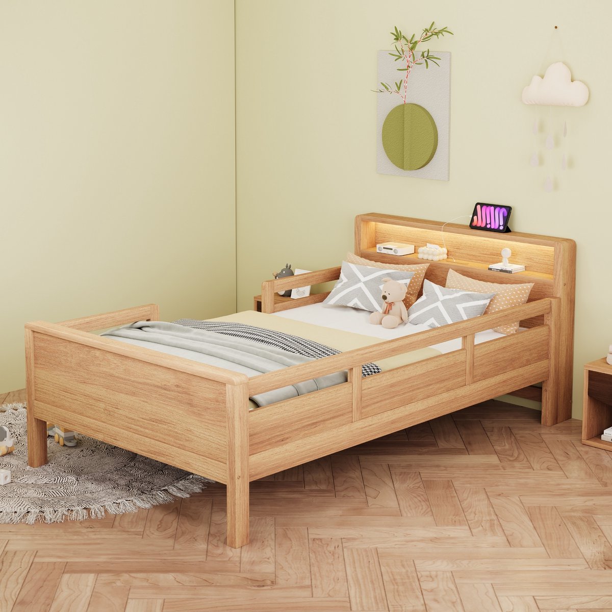 PHOEBE CAT Kinderbed - 90 x 200 cm - USB / Type-C - LED-verlichting - Eenpersoonsbed - Natuurlijke