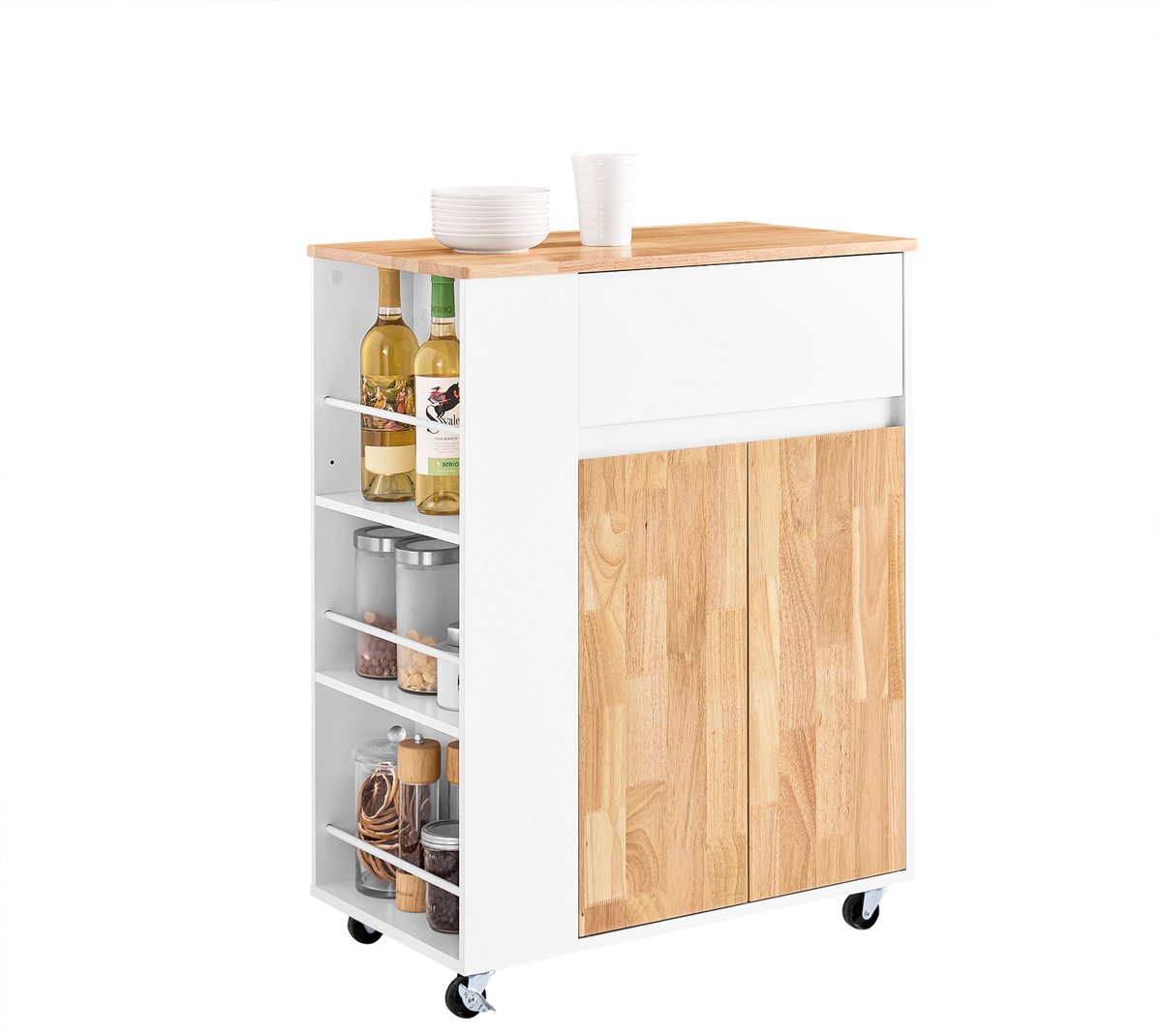 SoBuy Keukenwagen op Wielen – Keukenkast met Werkblad van Rubberhout, Vrijstaand Keukenmeubel voor Eetkamer en Koffiehoek 70 x 40 x 90 cm Wit FKW132-WN