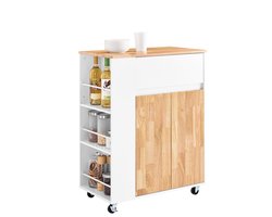 SoBuy Keukenwagen op Wielen – Keukenkast met Werkblad van Rubberhout, Vrijstaand Keukenmeubel voor Eetkamer en Koffiehoek 70 x 40 x 90 cm Wit FKW132-WN