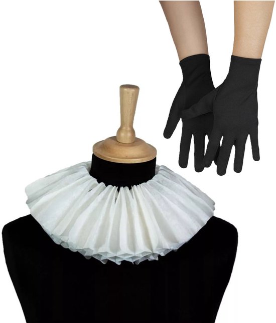 Roetveeg Pieten verkleed set - handschoenen - zwart - Pietenkraag van papier - wit