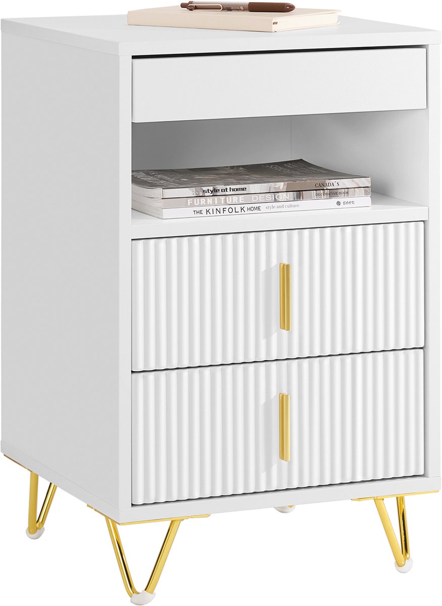 SoBuy Nachtkastje, nachtkastje met 3 laden en plank, moderne bijzettafel voor slaapkamer en woonkamer, wit, 40 x 40 x 63 cm (b x d x h) FBT168-W