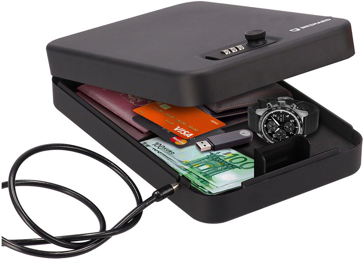 Brihard Portable Case Combination XXL Mobiele Kluis met Cijferslot Extra Grote Reiskluis Inclusief Staalkabel en Montagebouten Zwarte Stalen Veiligheidsbox met Schuimrubber voor Auto Kantoor en Sport Draagbare Safe voor Geld en Documenten