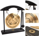Gong - Ornament - Feng Shui Bureau Gong - Messing Standaard - Ambacht - Dubbele Draak - Verwijderbaar - Geschikt voor Huis, Kantoor en Tafeldecoratie - Verzamelbeeld - 18,5 x 4,5 x 20,5 cm - Goud, Zwart