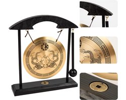 Gong - Ornament - Feng Shui Bureau Gong - Messing Standaard - Ambacht - Dubbele Draak - Verwijderbaar - Geschikt voor Huis, Kantoor en Tafeldecoratie - Verzamelbeeld - 18,5 x 4,5 x 20,5 cm - Goud, Zwart