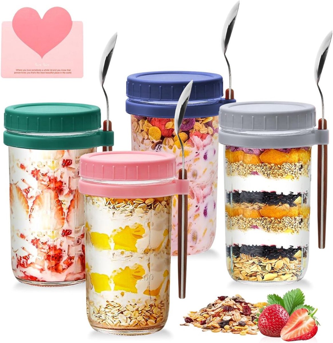 ApexArte® Overnight Oats Potjes - Mason Jar - Meusli Beker met Deksel