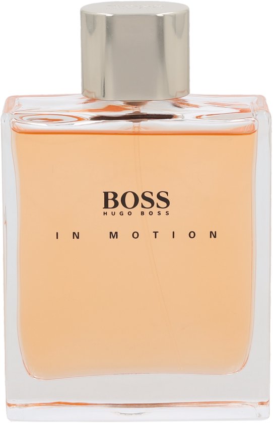 Glazen flacon BOSS HUGO BOSS IN MOTION met oranje vloeistof en zilverkleurige dop.