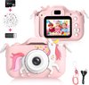 Roze kinder camera met eenhoorn decoratie, 32GB SD kaart, selfie optie en kindervoorbeelden op het scherm.