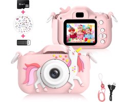 foto van Ilona® Digitale Kindercamera HD 1080p inclusief stickervel - Speelgoedcamera - 32GB micro sd kaart - Fototoestel Voor Kinderen - Selfie Camera - Unicorn Roze