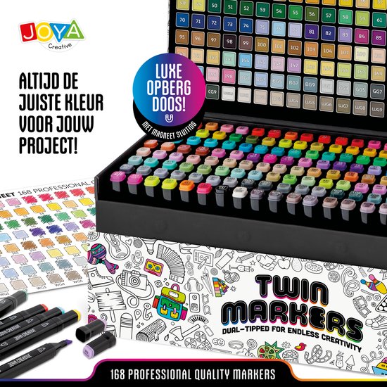 NASSAU FINE ART Duo Marqueurs 168 pièces pour adultes - dans une boîte de transport pratique - Marqueurs à Alcohol - Crayon de couleur - Feutres Fineliner - feutres épais - Pinceaux - Surligneurs