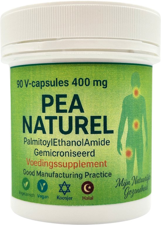Groene pot 90 V-capsules PEA NATUREL 400 mg Palmitoylethanolamide. Man met pijnplekken.