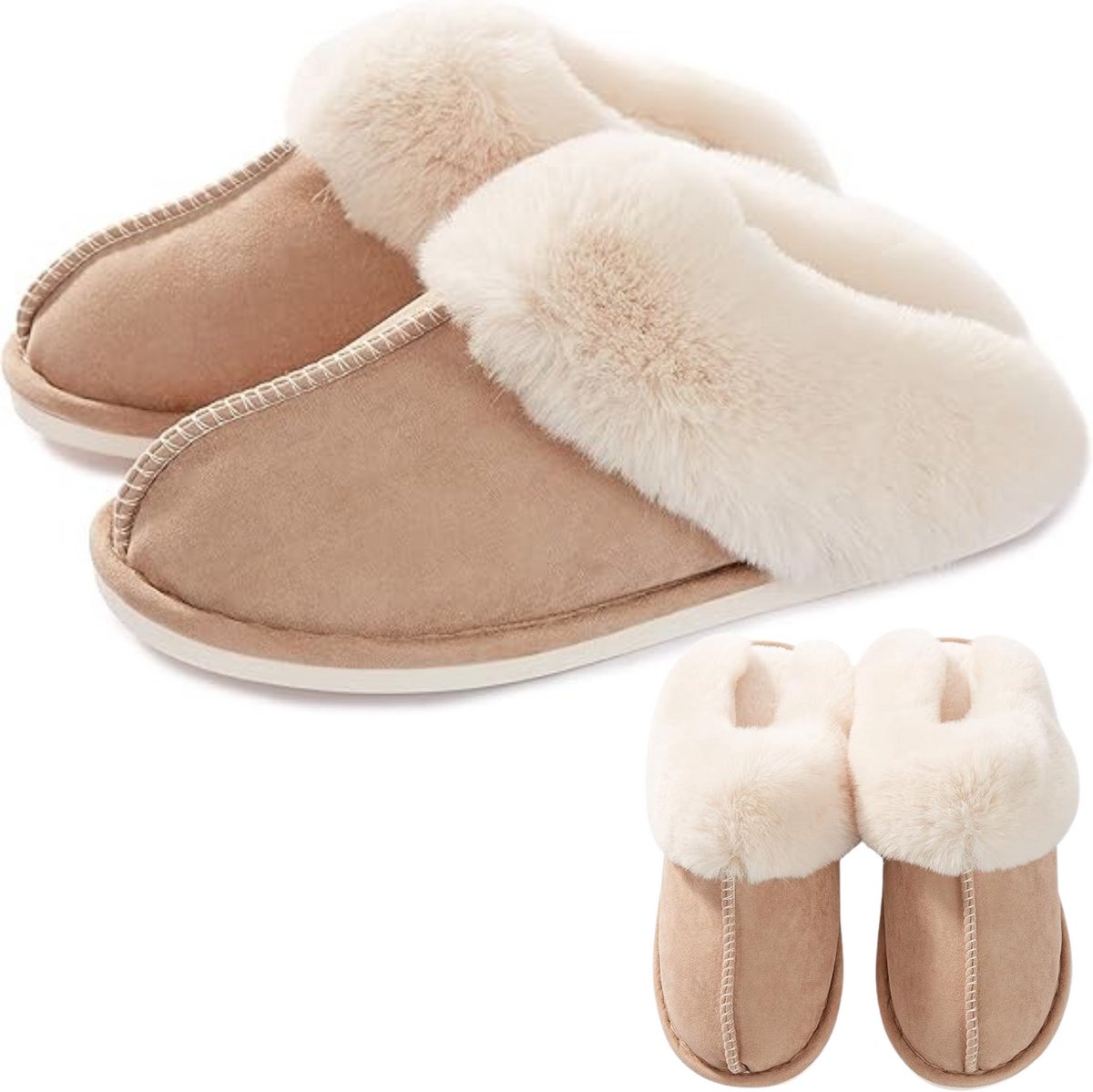 kinder pantoffels valt klein - sloffen - fluffy - winter - khaki - 34/35