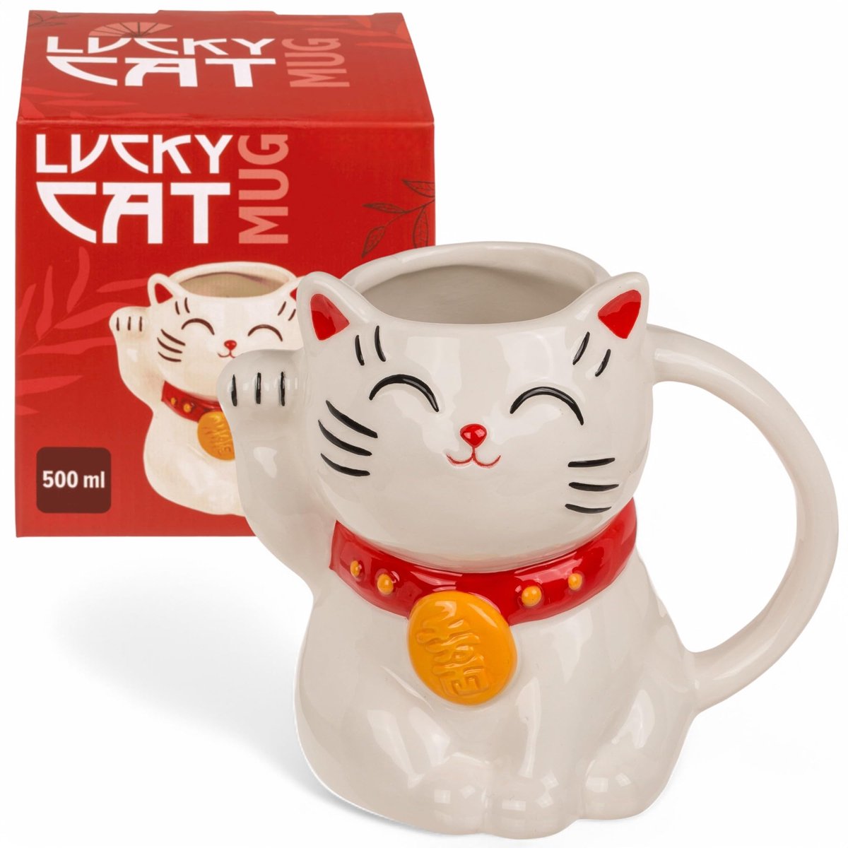 Lucky Cat Mug 500 ml - Dolomite Koffiemok met Maneki-Neko Ontwerp - Wit Keramisch Mokken voor Thee en Koffie