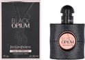 Zwart Yves Saint Laurent Black Opium Eau de Parfum fles met glitter en roze label, naast de bijpassende verpakking.
