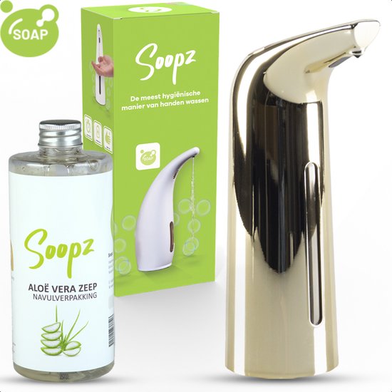 Gouden automatische zeepdispenser met een fles Aloë Vera zeep en de verpakking van Soopz.