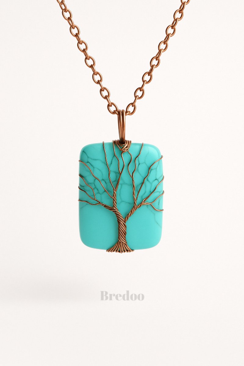 Turkoois dames ketting - Bredoo Edelsteen hanger - Bohemian stijl - Kristal gewrapt in koper - Tree of life - Spiritueel - edelstenen & mineralen