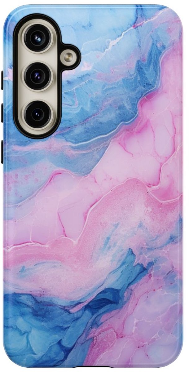 Blauw-Roze Marmerstructuur – Glanzend Stevig Hoesje Geschikt voor Samsung Galaxy S24 Plus