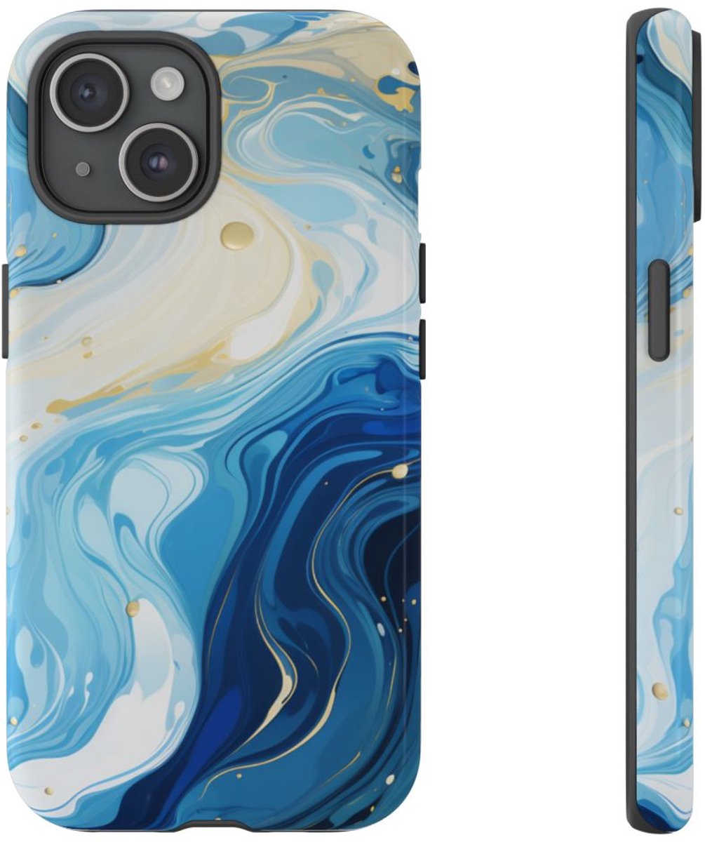 Blauw-Witte Marmer Abstract – Telefoonhoesje Geschikt voor iPhone 15